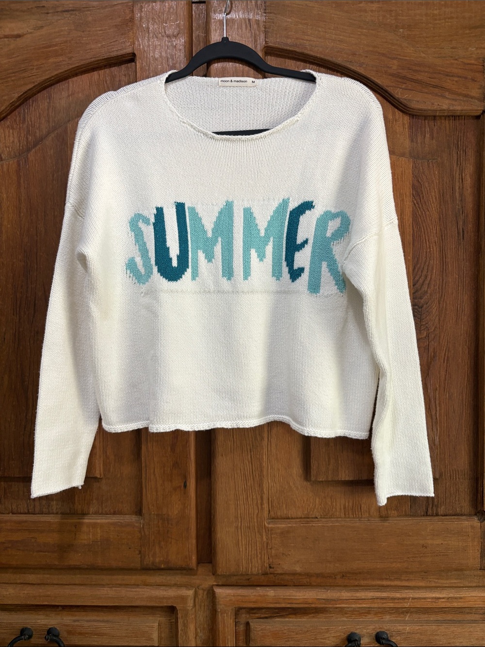 moon & madison White Crewneck Sweater with Teal & Aqua SUMMER Graphic